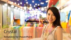  Presentation with street of shanghai on the night - Cool new PPT theme with woman in night street market backdrop and a coral colored foreground