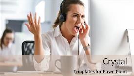  Presentation with headphones - Audience pleasing PPT theme consisting of woman in office callcenter work backdrop and a soft green colored foreground