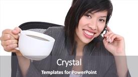 Presentation with asian - Audience pleasing presentation theme consisting of woman in office drinking coffee backdrop and a  colored foreground