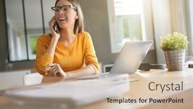  Presentation with phone - PPT layouts with woman-in-office-talking background and a coral colored foreground