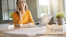  Presentation with phone - Colorful slide deck enhanced with woman-in-office-talking backdrop and a soft green colored foreground