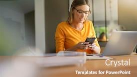  Presentation with phone - Beautiful PPT layouts featuring woman-in-office-talking backdrop and a coral colored foreground