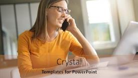  Presentation with talking on phone - Colorful PPT layouts enhanced with woman-in-office-talking backdrop and a gold colored foreground