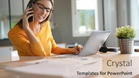  Presentation with phone - Colorful slide deck enhanced with woman-in-office-talking backdrop and a coral colored foreground