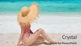  Presentation with piece of the pie - Colorful presentation enhanced with woman in one-piece swimsuit backdrop and a  colored foreground