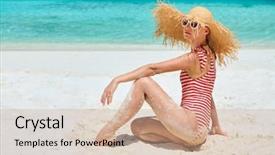  Presentation with white sand - PPT theme having woman in one-piece swimsuit background and a  colored foreground