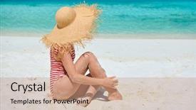  Presentation with piece of the pie - PPT theme consisting of woman in one-piece swimsuit background and a  colored foreground