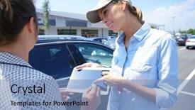  Presentation with car parking lot - Audience pleasing presentation design consisting of woman in parking lot renting backdrop and a light blue colored foreground