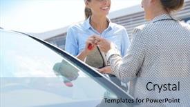  Presentation with car parking lot - Presentation design with woman in parking lot renting background and a light blue colored foreground