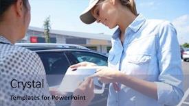  Presentation with car parking lot - Slides having woman in parking lot renting background and a seafoam green colored foreground