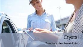  Presentation with car parking lot - Audience pleasing slide deck consisting of woman in parking lot renting backdrop and a light blue colored foreground