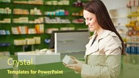  Presentation with drug pharmacy - Presentation consisting of woman-in-pharmacy-reads-pack background and a tawny brown colored foreground