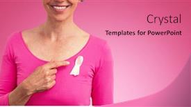  Presentation with pink ribbon breast awareness - Colorful PPT layouts enhanced with woman in pink outfits showing ribbon for breast cancer awareness against pink background backdrop and a coral colored foreground