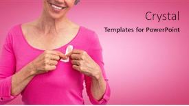  Presentation with pink ribbon breast awareness - Colorful PPT layouts enhanced with woman in pink outfits showing ribbon for breast cancer awareness against pink background backdrop and a coral colored foreground