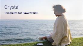  Presentation with sea shore - Presentation theme enhanced with woman in plaid sits on lawn near sea shore with cup of coffee at sunny day background and a sky blue colored foreground