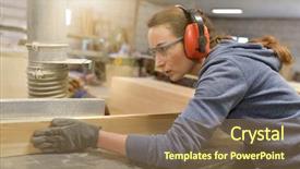  Presentation with wood industry - Colorful PPT theme enhanced with woman in professional training wood backdrop and a coral colored foreground