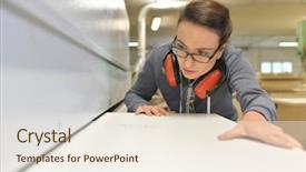  Presentation with wood industry - PPT theme with woman in professional training wood background and a lemonade colored foreground