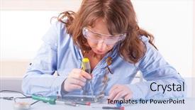 Presentation with soldering - Amazing slides having beautiful woman in protective glasses fixing computer parts with screwdriver and soldering iron backdrop and a light blue colored foreground