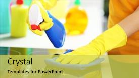  Presentation with cleaning services - Beautiful PPT theme featuring woman in protective gloves cleaning backdrop and a yellow colored foreground