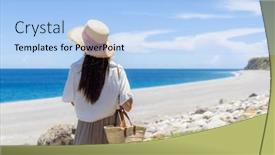  Presentation with taiwan - PPT theme having woman-in-qixingtan-beach background and a light blue colored foreground