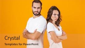  Presentation with man vs woman - Slide set having man and woman in quarrel background and a gold colored foreground