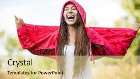  Presentation with rain - Theme enhanced with woman in raincoat enjoying background and a blonde colored foreground