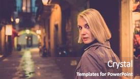  Presentation with alone - PPT theme enhanced with woman in raincoat walking alone background and a violet colored foreground