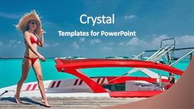  Presentation with sad woman walking - PPT theme enhanced with woman in red bikini walking background and a teal colored foreground