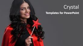  Presentation with magic wand - Colorful PPT theme enhanced with woman in red cloak backdrop and a dark gray colored foreground