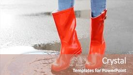  Presentation with boot camp boots - PPT theme featuring woman in red rubber boots background and a coral colored foreground
