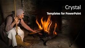  Presentation with renaissance - Beautiful theme featuring woman in renaissance maid outfit adding wood logs to the burning fire in the kitchen of a property released authentic medieval castle in france backdrop and a black colored foreground