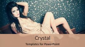  Presentation with golden woman - Beautiful PPT theme featuring woman in retro style golden dress and high heel shoes sit on stairs full body shot indoor backdrop and a coral colored foreground