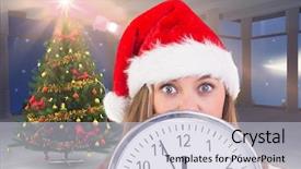  Presentation with clock face - Audience pleasing slides consisting of woman in santa hat covering her face behind clock against digitally generated background backdrop and a lemonade colored foreground
