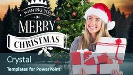  Presentation with greetings - Slides consisting of woman in santa hat holding gift boxes against digitally generated christmas greetings background and a ocean colored foreground