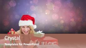 Presentation with shimmering - Audience pleasing slide set consisting of woman in santa hat laying on the floor while holding gifts against shimmering light design over boards backdrop and a coral colored foreground