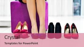  Presentation with young business woman smile show - Colorful PPT layouts enhanced with woman in shop chooses shoes backdrop and a coral colored foreground