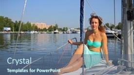  Presentation with sailing - Slides featuring woman in skirt sits on yacht during sailing on river at sunny summer day background and a ocean colored foreground