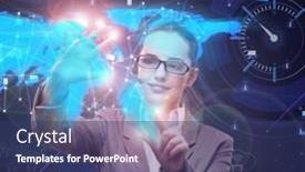  Presentation with data management - Presentation theme having woman-in-social-data-management background and a ocean colored foreground