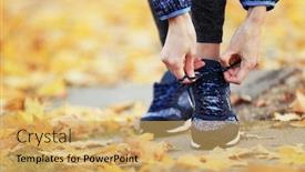  Presentation with sneakers - PPT theme featuring woman in sportswear tying shoelaces on sneakers outdoor close-up background and a yellow colored foreground