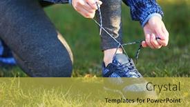  Presentation with sneakers - Presentation with woman in sportswear tying shoelaces on sneakers outdoor close-up background and a yellow colored foreground