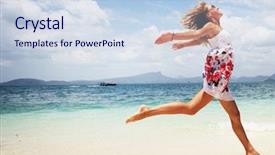  Presentation with woman praying over bible - Slide deck enhanced with woman in summer dress jumping background and a sky blue colored foreground