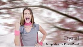  Presentation with superhero - Amazing PPT theme having woman in superhero costume shouting against low angle view of flowering tree backdrop and a coral colored foreground