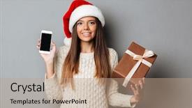  Presentation with ugly christmas sweater - Audience pleasing slides consisting of woman in sweater and christmas backdrop and a coral colored foreground