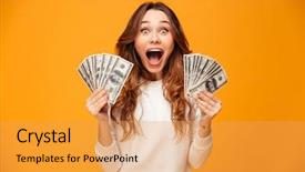  Presentation with yellow - PPT theme consisting of woman in sweater holding money background and a yellow colored foreground