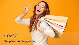  Presentation with cheerful - Presentation theme having woman in sweater holding package background and a yellow colored foreground