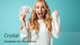  Presentation with banknotes - PPT layouts having woman in sweater showing money background and a arctic colored foreground
