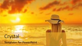  Presentation with sunset beach - PPT layouts featuring woman in swiming suit posing background and a  colored foreground