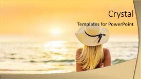  Presentation with sunset beach - Beautiful slide deck featuring woman in swiming suit posing backdrop and a yellow colored foreground