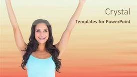  Presentation with tank - Amazing slide deck having woman in tank top celebrating against blurry red and peach background backdrop and a cream colored foreground