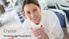  Presentation with hot tea - Cool new PPT theme with woman-in-thalassotherapy-center-drinking backdrop and a coral colored foreground